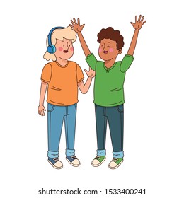 teenager boy excited and girl with headphones over white background, vector illustration