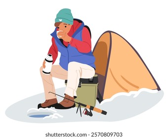 Teenager boy fisher cartoon character fishing with spinning rod during cold winter season vector illustration. Young guy wearing warm clothing drinking hot tea from thermos sitting nearby tent