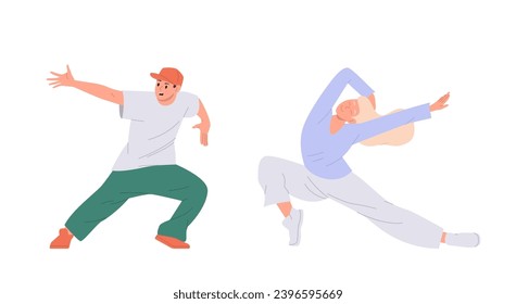 Personajes de dibujos animados para adolescentes y niñas ambientados bailando estilo libre bailando breakdance o hip-hop