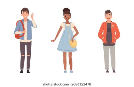 Teenager Boy and Girl Dressed in Casual Wear Standing with Backpack and Showing V Sign Gesture Vector Set