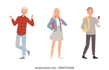Teenager Boy and Girl Dressed in Casual Wear Standing with Backpack and Smartphone Vector Set