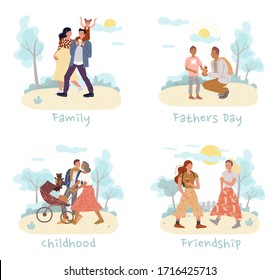 Teenager boy girl friends, pregnant woman man carrying daughter on shoulder, loving wife husband strolling baby in pram, daddy talking to son set. Family, father day, childhood, friendship relation