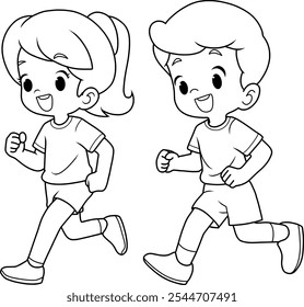 Teenager boy and girl running exercise coloring page for kids.vector illustration isolated on white background