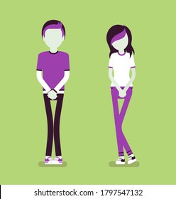 Teenager boy and girl wanting to pee, feeling discomfort. Young people suffering with constant urge, urinary tract infection, health disorder, needing a wc. Vector creative stylized illustration