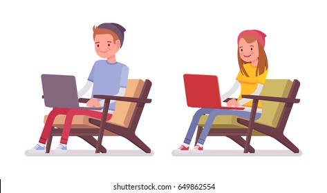 Teenager boy and girl wearing beanie, casual slim, sitting in comfortable armchair, working with laptop, smiling, coworking space, vector flat style cartoon illustration, isolated, white background