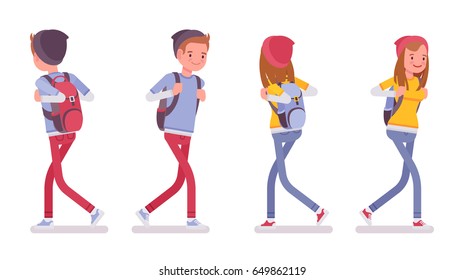 Teenager boy and girl wearing cute beanie and urban messenger rucksack, casual slim fit, smiling, walking pose, front, rear view, vector flat style cartoon illustration, isolated, white background