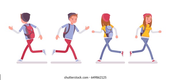 Teenager boy and girl wearing cute beanie and urban messenger rucksack, casual slim fit, smiling, running pose, front, rear view, vector flat style cartoon illustration, isolated, white background