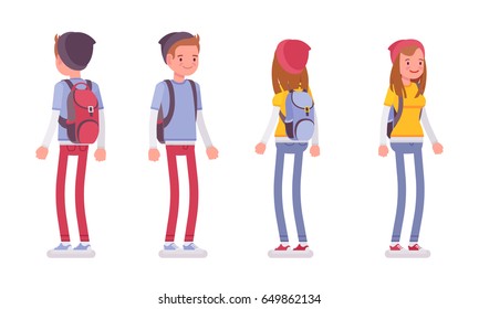 Teenager boy and girl wearing cute beanie and urban messenger rucksack, casual slim fit, smiling, standing pose, front, rear view, vector flat style cartoon illustration, isolated, white background