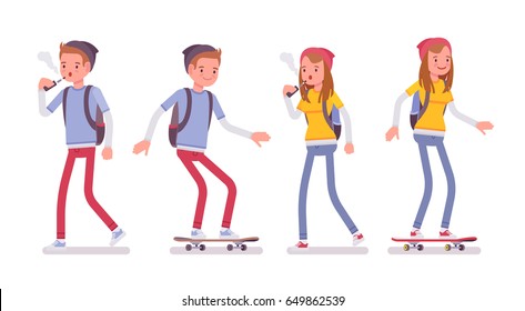 Teenager boy and girl wearing cute beanie, messenger rucksack, casual slim fit, walking, having fun, skateboarding, vaping, vector flat style cartoon illustration, isolated, white background
