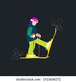 teenager boy goes skiing in colorful winter costume and decoration elements. single person. Colorful vector illustration 