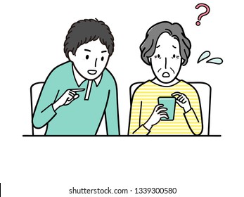 teenager boy and grandma with smartphone