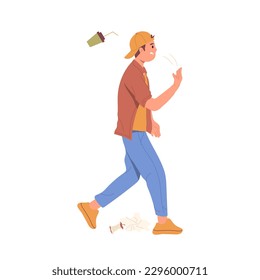 Teenager boy littering on street throwing away empty takeaway coffee cup vector illustration