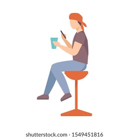Teenager boy with a phone in his hands. Vector illustration.