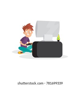 Teenager boy playing in video game. Cartoon boy character sitting with legs crosses in front of computer with joystick in hands. Bad habit. Flat vector design