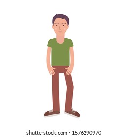 Teenager boy posing. Vector isolated illustration. Green t-shirt and brown chino pants.