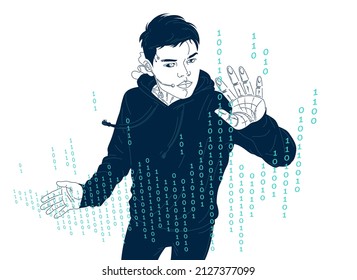 Adolescente programador de niños editando ilustración vectorial de código digital, programando el desarrollo de software para hombre joven, realidad virtual.