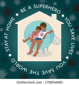 Teenager boy is reading a book for younger sister sitting in armchair in house, virus is spreading outside. Stay at home, be a superhero - kids motivational vector poster during covid-19 quarantine.