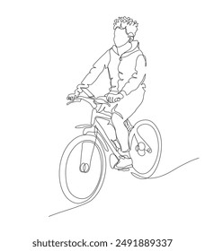 Teenager boy riding bicycle mobile phone mounted on steering wheel. Continuous line drawing. Black and white vector illustration in line art style.