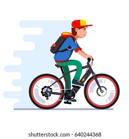 Teenager boy riding fast modern electric bicycle. Kid wearing backpack, hoodie and baseball cap enjoying futuristic bike ride. Flat style vector illustration isolated on white background.