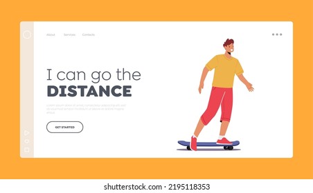 Teenager Boy Riding Skate Board Landing Page Template. Youth Urban Culture and Outdoor Activity, Skateboarding Extreme Sport, Man in Skate Park or Rollerdrome. Cartoon Vector Illustration