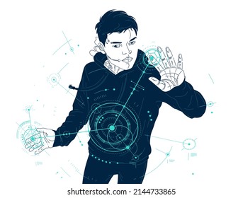 Teenager boy robot controls HUD engineering virtual interface vector illustration, futuristic concept engineer science AI, future technology theme.