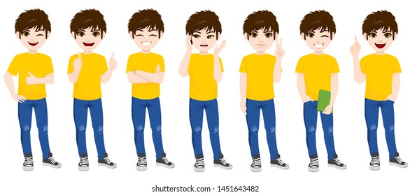 Teenager boy set collection standing in different poses and face expressions