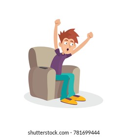 Teenager boy sitting on armchair watching television. TV addiction. Mass media dependency. Cartoon male character with joyful face expression. Flat vector illustration