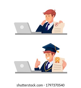 Teenager boy student learning from online course with paper test result concept in cartoon illustration vector isolated in white background