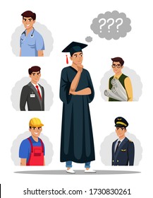 Teenager boy student wearing academic hat and gown thinking dreaming about future profession. Career choice after university graduation. Doctor, engineer, manager, builder, pilot. Graduate people