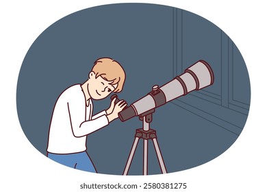 Teenager boy with telescope watches stars and is fond astrology while standing in apartment near window. Child uses telescope wishing to visit space and become astronaut from scientific expeditions