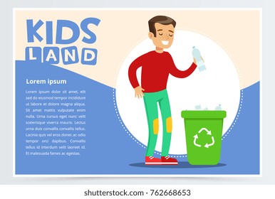 Teenager boy throwing away plastic bottle in waste container with recycling symbol. Creative blue card. Colorful flat cartoon vector illustration.