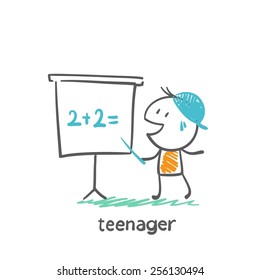 teenager boy trying to solve the equation on the blackboard illustration