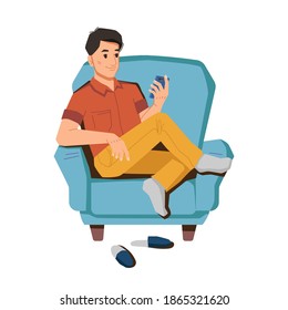 Teenager boy uses smartphone, browsing or chatting, texting or watching videos. Vector man sitting in armchair with phone, slippers under chair. Person with cellphone, guy communicating by mobile