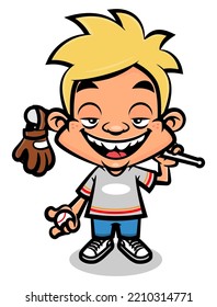 Teenager Boy wearing baseball jersey and carrying baseball bat, ball, and gloves, get ready to play with friends. Best for sticker, logo, and mascot with sport themes for kids