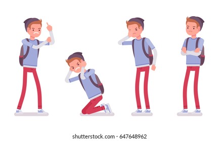 Teenager boy wearing beanie and messenger rucksack, casual slim fit, negative emotions, bullying, suffering, emotional disorder, vector flat style cartoon illustration, isolated, white background