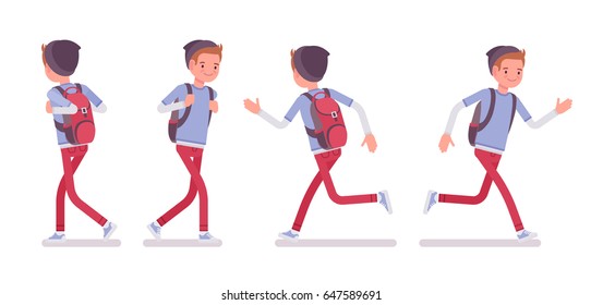 Teenager boy wearing cute beanie and urban messenger rucksack, casual slim fit dressing, walking and running pose, front, rear view, vector flat style cartoon illustration, isolated, white background