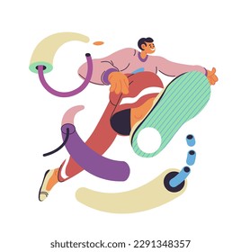 Teenager boy wearing modern and stylish clothes walking and moving outdoors. Isolated peronage running or walking, focus on sneakers. Street fashion collection of performer. Vector in flat style