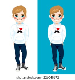 Teenager boy wearing white sweatshirt with I love mustache print design and jeans in two different background color versions