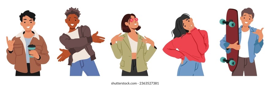 Personajes De Muchachos Y Niñas Adolescentes Posando, Expresando Emociones Y Estilo A Través De Diversas Posturas, Gestos Y Expresiones, Para Autoexpresión Y Compartir Digital. Ilustración de vectores de personas de caricatura