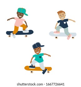 Teenager boys on a skateboard vector cartoon on a white background. Young boy kids chill skating illustration.