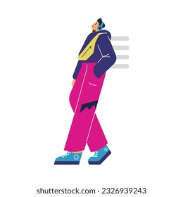 Teenager in bright clothes with waist bag standing and listening headphones while waiting. Vector doodle illustration isolated on white background. Cartoon disproportionate characters