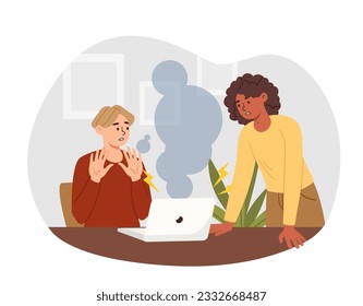 Adolescent avec un concept d'ordinateur cassé. Garçon avec sa mère près d'un ordinateur portable avec de la fumée. Problèmes liés au gadget et au périphérique. Étudiant désespéré avec un pc endommagé. Illustration vectorielle à plat