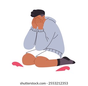 Adolescente de coração partido, chorando em desespero. Coração partido triste perturba personagem masculino sofrendo de solidão, problemas de amor. Conceito de Heartbreak. Ilustração de vetor plano isolada no plano de fundo branco