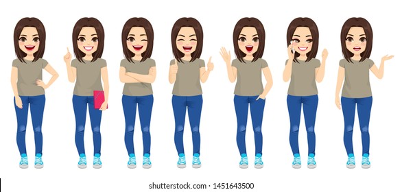 Teenager brunette girl set collection of poses with different face expressions and gestures