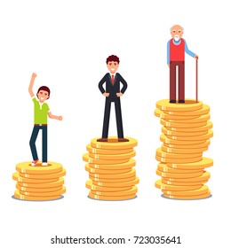 Teenager, Business Man & Old Senior Standing On Rising Stacks Of Gold Coins Money. Pension Plan Savings And Financial Investments Growth Metaphor. Flat Vector Illustration Isolated On White Background