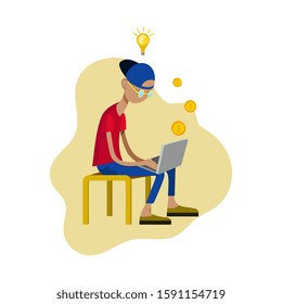 Teenager in a cap sits at a laptop. Vector illustration. Idea. Brainchild. Money.