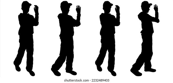 A teenager in a cap and tracksuit dances a break. Dancing boy in a hat. Black silhouettes of hip-hop dancers. Side view. Four teen silhouettes of hip-hop dancers over a white background
