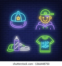 Teenager in cap, t-shirt and spray can neon signs set. Modern music style, culture and party design. Night bright neon sign, colorful billboard, light banner. Vector illustration in neon style.