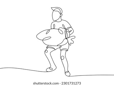 The teenager carries a heavy bag in front of him. Child labour. World Day Against Child Labour. One line drawing for different uses. Vector illustration.