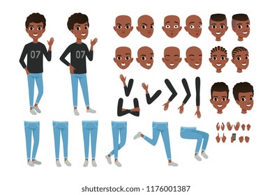 Teenager character constructor. Black boy s separate parts of body, different face expressions and haircuts. Isolated flat vector design